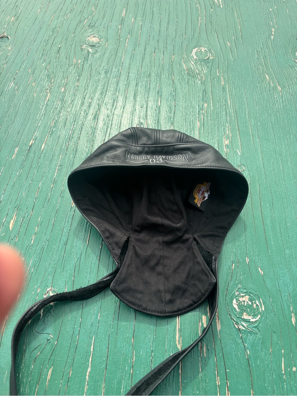 Black leather Harley Davidson skull cap size small